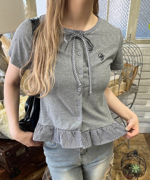 PHILLY(フィリー)の「チェック配色リボンシャツトップス(Tシャツ/カットソー・レディース・ブラック/グレー/ブラウン・FREE)」の8枚目の写真