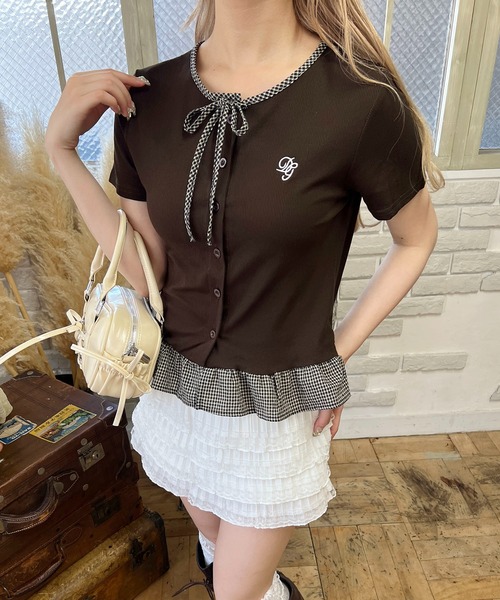 PHILLY(フィリー)の「チェック配色リボンシャツトップス(Tシャツ/カットソー・レディース・ブラック/グレー/ブラウン・FREE)」の22枚目の写真