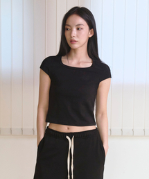 Slim cotton square neck cap t-shirts - BLACK