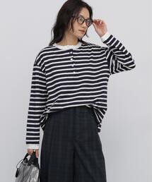 human woman（ヒューマンウーマン）の「◆メッシュボーダーヘンリーネックカットソー（Tシャツ/カットソー）」