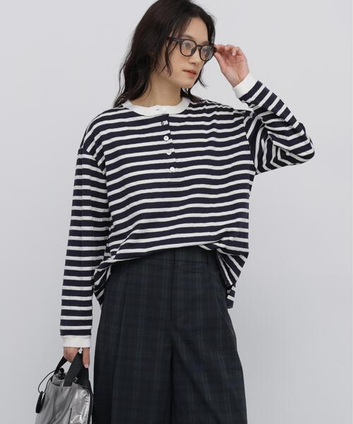 human woman(ヒューマンウーマン)の「◆メッシュボーダーヘンリーネックカットソー(Tシャツ/カットソー・レディース・ダークインディゴブルー/クリアブラウン・MEDIUM)」の1枚目の写真
