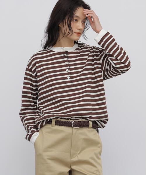 human woman(ヒューマンウーマン)の「◆メッシュボーダーヘンリーネックカットソー(Tシャツ/カットソー・レディース・ダークインディゴブルー/クリアブラウン・MEDIUM)」の2枚目の写真