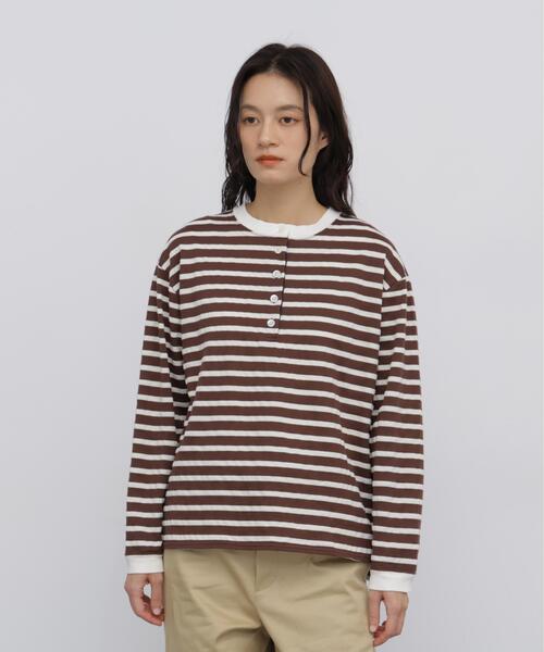 human woman(ヒューマンウーマン)の「◆メッシュボーダーヘンリーネックカットソー(Tシャツ/カットソー・レディース・ダークインディゴブルー/クリアブラウン・MEDIUM)」の13枚目の写真