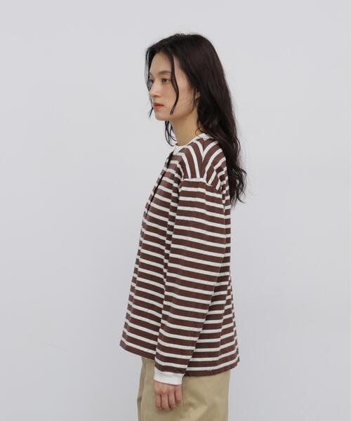 human woman(ヒューマンウーマン)の「◆メッシュボーダーヘンリーネックカットソー(Tシャツ/カットソー・レディース・ダークインディゴブルー/クリアブラウン・MEDIUM)」の12枚目の写真