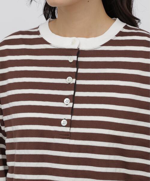 human woman(ヒューマンウーマン)の「◆メッシュボーダーヘンリーネックカットソー(Tシャツ/カットソー・レディース・ダークインディゴブルー/クリアブラウン・MEDIUM)」の10枚目の写真