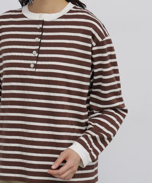 human woman(ヒューマンウーマン)の「◆メッシュボーダーヘンリーネックカットソー(Tシャツ/カットソー・レディース・ダークインディゴブルー/クリアブラウン・MEDIUM)」の9枚目の写真