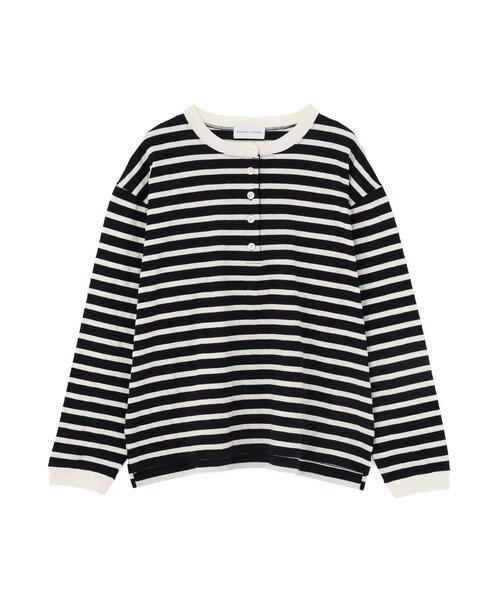 human woman(ヒューマンウーマン)の「◆メッシュボーダーヘンリーネックカットソー(Tシャツ/カットソー・レディース・ダークインディゴブルー/クリアブラウン・MEDIUM)」の6枚目の写真