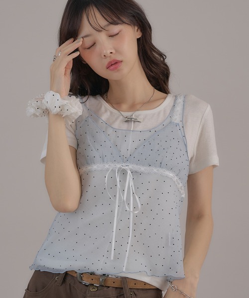 apres jour mignon(アプレジュールミニョン)の「ヴィンテージドットシアーノースリトップス(キャミソール・レディース・ブラック/オフホワイト/ブルー・LARGE/フリー)」の3枚目の写真
