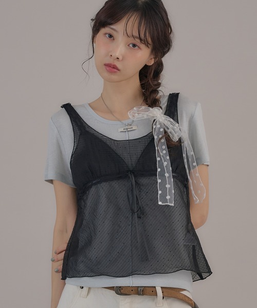 apres jour mignon(アプレジュールミニョン)の「ヴィンテージドットシアーノースリトップス(キャミソール・レディース・ブラック/オフホワイト/ブルー・LARGE/フリー)」の2枚目の写真