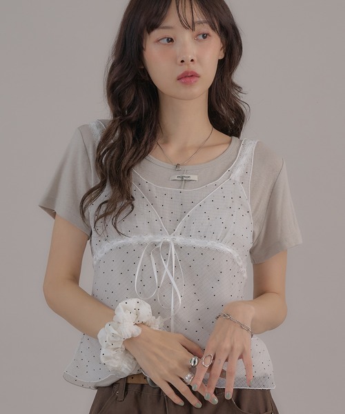 apres jour mignon(アプレジュールミニョン)の「ヴィンテージドットシアーノースリトップス(キャミソール・レディース・ブラック/オフホワイト/ブルー・LARGE/フリー)」の22枚目の写真