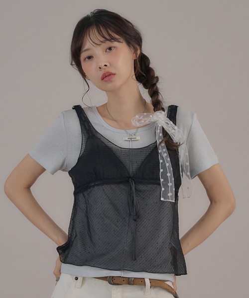 apres jour mignon(アプレジュールミニョン)の「ヴィンテージドットシアーノースリトップス(キャミソール・レディース・ブラック/オフホワイト/ブルー・LARGE/フリー)」の6枚目の写真