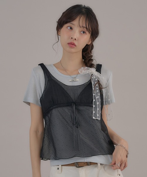 apres jour mignon(アプレジュールミニョン)の「ヴィンテージドットシアーノースリトップス(キャミソール・レディース・ブラック/オフホワイト/ブルー・LARGE/フリー)」の7枚目の写真