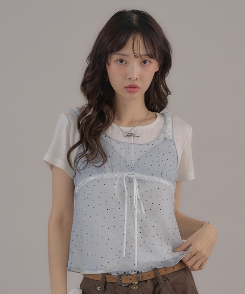 apres jour mignon(アプレジュールミニョン)の「ヴィンテージドットシアーノースリトップス(キャミソール・レディース・ブラック/オフホワイト/ブルー・LARGE/フリー)」の12枚目の写真