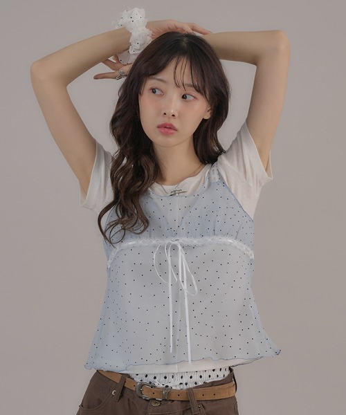 apres jour mignon(アプレジュールミニョン)の「ヴィンテージドットシアーノースリトップス(キャミソール・レディース・ブラック/オフホワイト/ブルー・LARGE/フリー)」の15枚目の写真