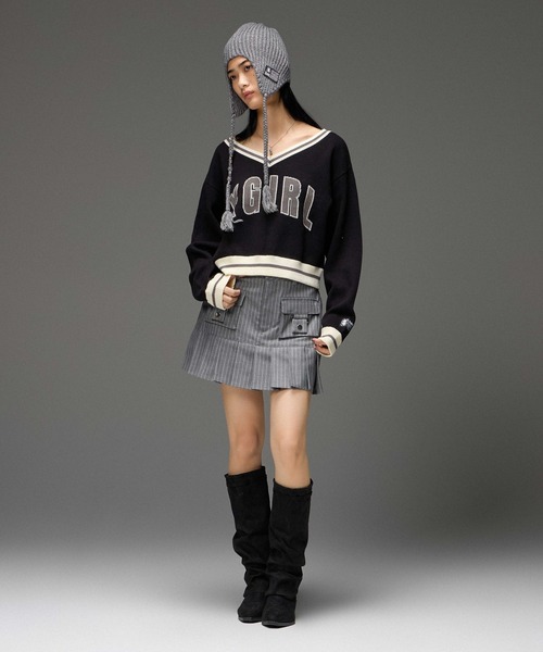 X-girl（エックスガール）の「STRIPE PLEATS HEM MINI SKIRT（スカート・レディース・ブラック/グレー・M/S）」の5枚目の写真