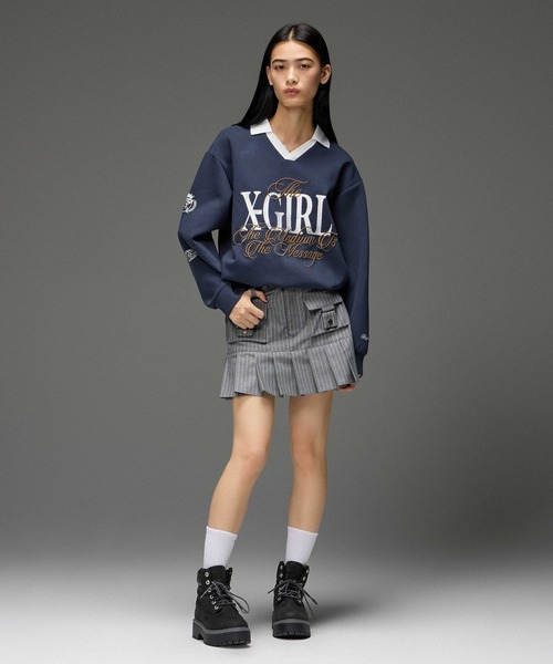 X-girl（エックスガール）の「STRIPE PLEATS HEM MINI SKIRT（スカート・レディース・ブラック/グレー・M/S）」の8枚目の写真