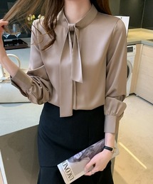 品のある光沢感できれいめに スタンドカラー ボウタイブラウス 長袖 ブラウス ボウタイ オケージョン フォーマル 【オフィスカジュアル】【きれいめカジュアル】