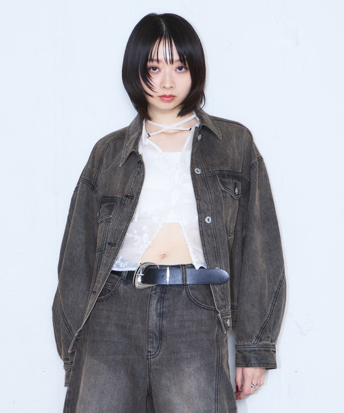 PAGEBOY(ページボーイ)の「コクーンGジャン/デニムジャケット【セットアップ対応】(デニムジャケット・レディース・ブラウン/ブルー/ブラック・FREE)」の4枚目の写真