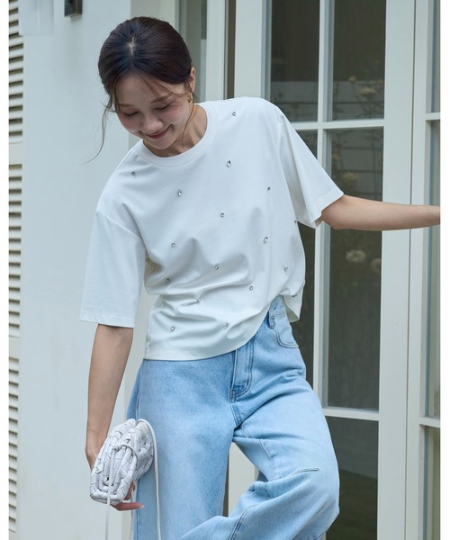 BIRTHDAY BASH(バースデイバッシュ)の「SCATTERED BIJOU TOPS(スキャッタードビジュートップス)(Tシャツ/カットソー・レディース・ブラック/ホワイト・FREE)」の11枚目の写真