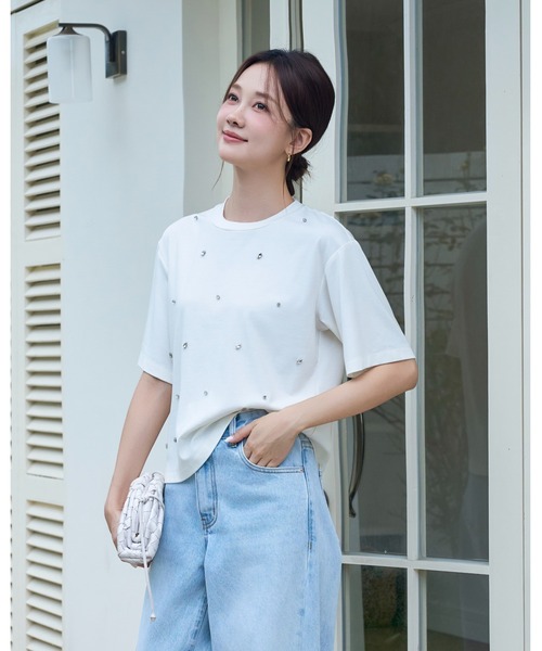 BIRTHDAY BASH(バースデイバッシュ)の「SCATTERED BIJOU TOPS(スキャッタードビジュートップス)(Tシャツ/カットソー・レディース・ブラック/ホワイト・FREE)」の6枚目の写真