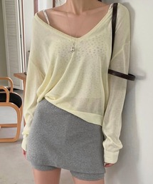 Vネック長袖シアーニットプルオーバー