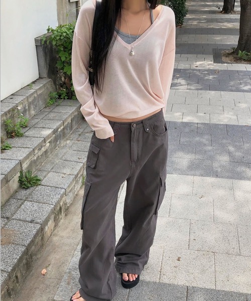 Girly Doll(ガーリードール)の「Vネック長袖シアーニットプルオーバー(ニット/セーター・レディース・グレー/ピンク/イエロー/ブルー・FREE)」の14枚目の写真