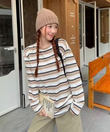 26aw ユニセックス/ワンポイント刺繍マルチボーダーオーバーサイズロンT