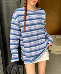 T.FOX （ティーフォックス）の「26aw  ユニセックス/ワンポイント刺繍マルチボーダーオーバーサイズロンT（Tシャツ/カットソー）」