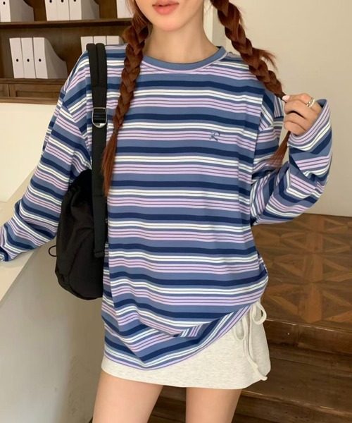 AsRiRe(アスリレイ)の「26aw ユニセックス/ワンポイント刺繍マルチボーダーオーバーサイズロンT(Tシャツ/カットソー・レディース・アイボリー/ベージュ/ブルー・M)」の10枚目の写真