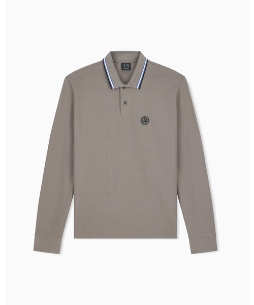 ARMANI EXCHANGE(アルマーニエクスチェンジ)の「【A|X アルマーニ エクスチェンジ】AXロゴ ラインリブ レギュラーフィット 長袖ポロシャツ/REGULAR(ポロシャツ・メンズ・グレイッシュベージュ/ダークネイビー・X-SMALL/X-LARGE/SMALL/MEDIUM/LARGE)」の1枚目の写真