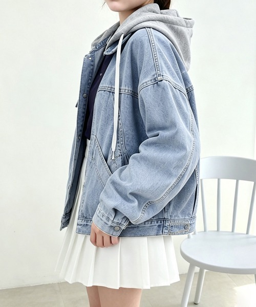 Miniministore（ミニミニストア）の「フード付きデニムジャケット韓国風アウター（デニムジャケット・レディース・サックスブルー・M/XL/L）」の4枚目の写真