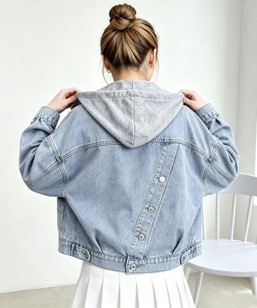 Miniministore（ミニミニストア）の「フード付きデニムジャケット韓国風アウター（デニムジャケット・レディース・サックスブルー・M/XL/L）」の6枚目の写真