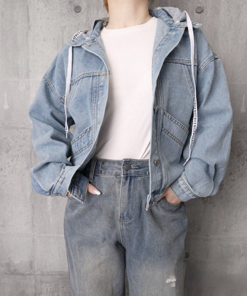 Miniministore（ミニミニストア）の「フード付きデニムジャケット韓国風アウター（デニムジャケット・レディース・サックスブルー・M/XL/L）」の15枚目の写真