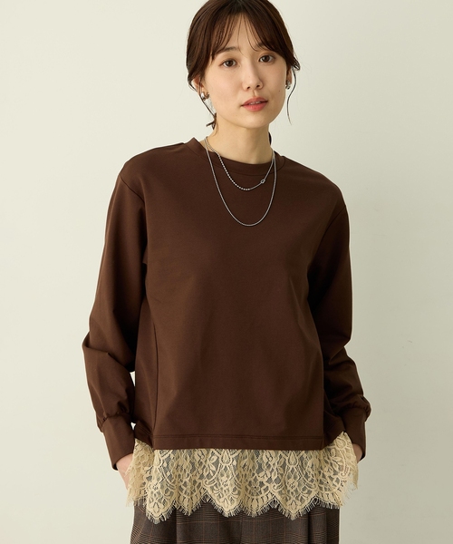 Petit Honfleur（プチオンフルール）の「裾レースレイヤード風カットプルオーバー（Tシャツ/カットソー・レディース・ネイビー/ブラウン・M/L）」の4枚目の写真