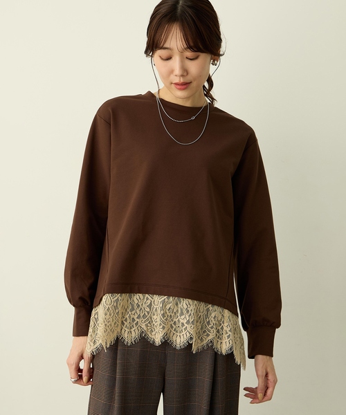 Petit Honfleur（プチオンフルール）の「裾レースレイヤード風カットプルオーバー（Tシャツ/カットソー・レディース・ネイビー/ブラウン・M/L）」の5枚目の写真
