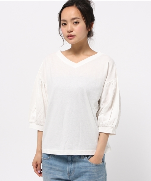 earth music&ecology(アースミュージックアンドエコロジー)の「【2016Summer】ボリュームギャザースリーブカットプルオーバー(Tシャツ/カットソー・レディース・ネイビー/カーキ/オフホワイト・FREE)」の1枚目の写真