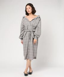 先染めチェック オフショル シャツワンピース