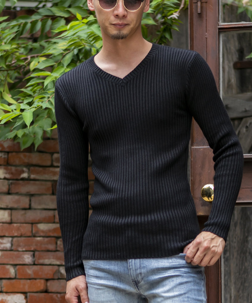 A.S.M（エーエスエム）の「ミックス ワイド リブ スキニー Vネック ニット（ニット/セーター・メンズ・ホワイト/ブラック/チャコールグレー/ライトグレー/ブルー/ワインレッド/ベージュ・48/50）」の8枚目の写真