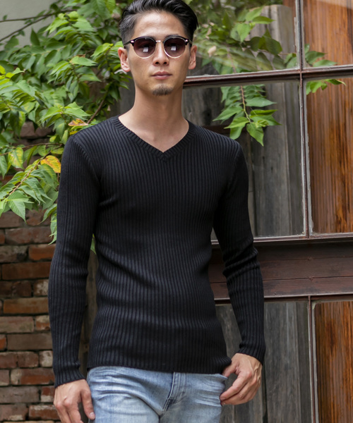 A.S.M（エーエスエム）の「ミックス ワイド リブ スキニー Vネック ニット（ニット/セーター・メンズ・ホワイト/ブラック/チャコールグレー/ライトグレー/ブルー/ワインレッド/ベージュ・48/50）」の9枚目の写真