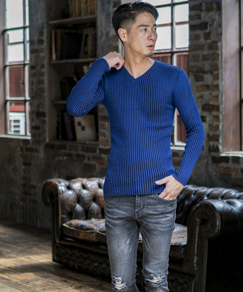 A.S.M（エーエスエム）の「ミックス ワイド リブ スキニー Vネック ニット（ニット/セーター・メンズ・ホワイト/ブラック/チャコールグレー/ライトグレー/ブルー/ワインレッド/ベージュ・48/50）」の10枚目の写真