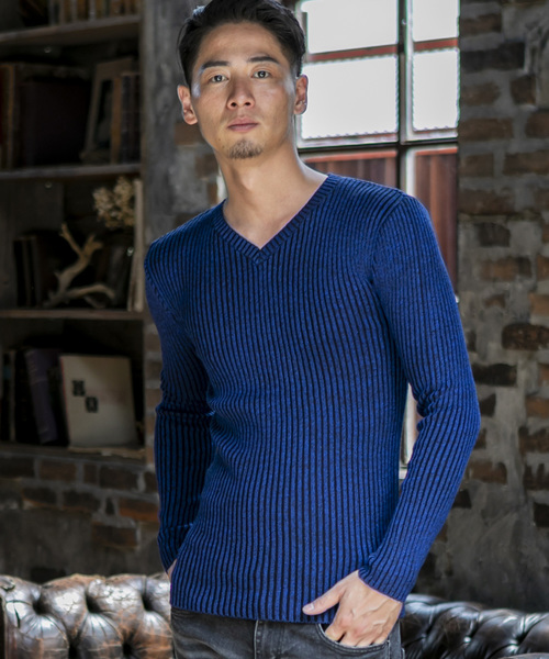 A.S.M（エーエスエム）の「ミックス ワイド リブ スキニー Vネック ニット（ニット/セーター・メンズ・ホワイト/ブラック/チャコールグレー/ライトグレー/ブルー/ワインレッド/ベージュ・48/50）」の11枚目の写真