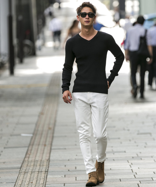 A.S.M（エーエスエム）の「ミックス ワイド リブ スキニー Vネック ニット（ニット/セーター・メンズ・ホワイト/ブラック/チャコールグレー/ライトグレー/ブルー/ワインレッド/ベージュ・48/50）」の13枚目の写真