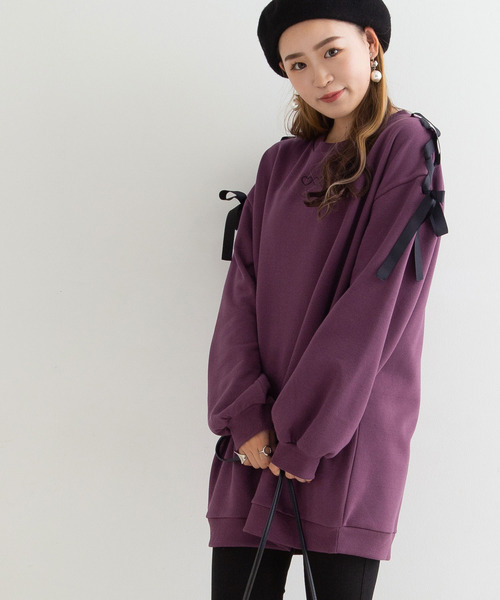 Newlyme（ニューリーミー）の「肩リボンカットワンピース（パーカー・レディース・ブラック/ベージュ/ピンク/ラベンダー・MEDIUM/LARGE）」の3枚目の写真