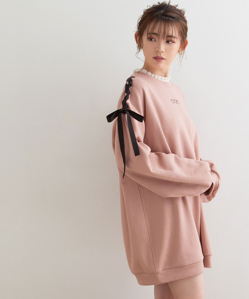 Newlyme（ニューリーミー）の「肩リボンカットワンピース（パーカー・レディース・ブラック/ベージュ/ピンク/ラベンダー・MEDIUM/LARGE）」の4枚目の写真