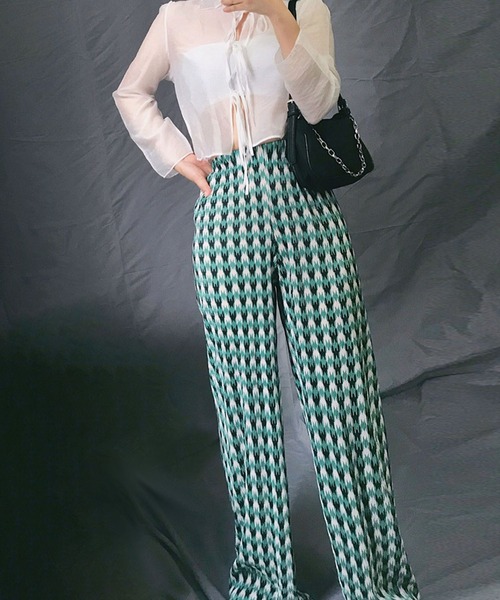 me+em select(ミームセレクト)の「※千鳥柄プリーツワイドパンツ(その他パンツ・レディース・グレー/グリーン・FREE)」の8枚目の写真