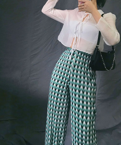 me+em select(ミームセレクト)の「※千鳥柄プリーツワイドパンツ(その他パンツ・レディース・グレー/グリーン・FREE)」の3枚目の写真
