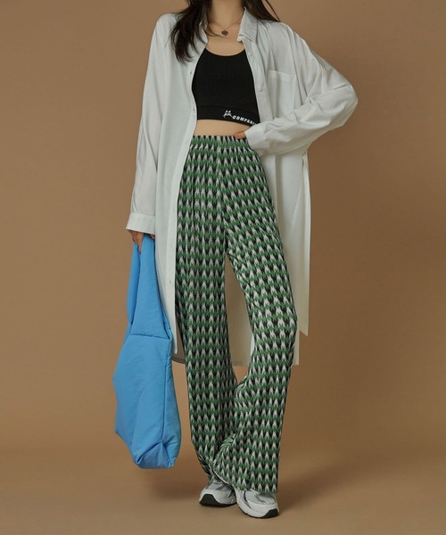 me+em select(ミームセレクト)の「※千鳥柄プリーツワイドパンツ(その他パンツ・レディース・グレー/グリーン・FREE)」の5枚目の写真