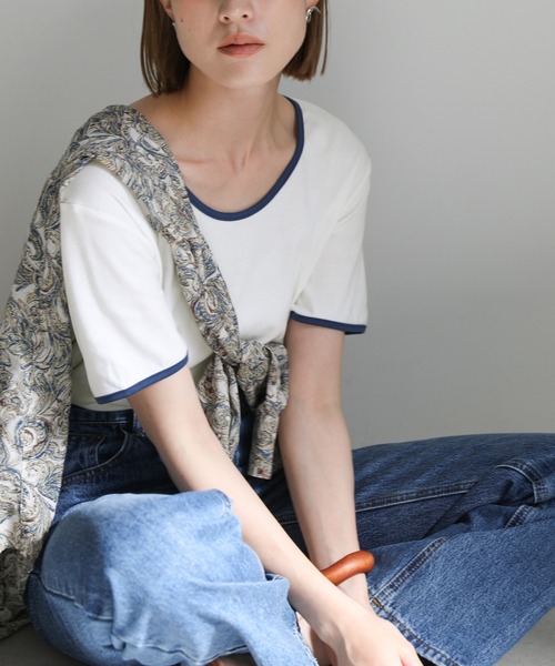 select MOCA(セレクトモカ)の「2021 SS パイピングデザインカラーTシャツ(Tシャツ/カットソー・レディース・ホワイト/ブルー/グリーン・FREE)」の12枚目の写真