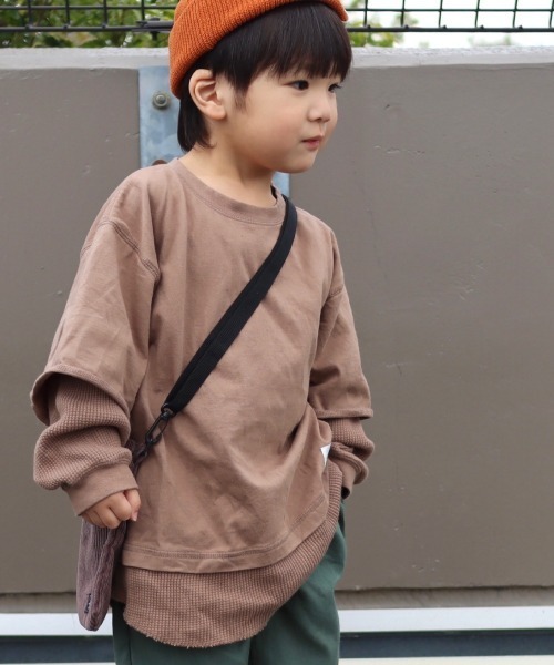 MAKE YOUR DAY（メイクユアデイ）の「ワッフルレイヤード風無地長袖Tシャツ■80～140cm（Tシャツ/カットソー・キッズ・ベージュ/パープル/モカ・90/100/110/120/80/130/140）」の2枚目の写真