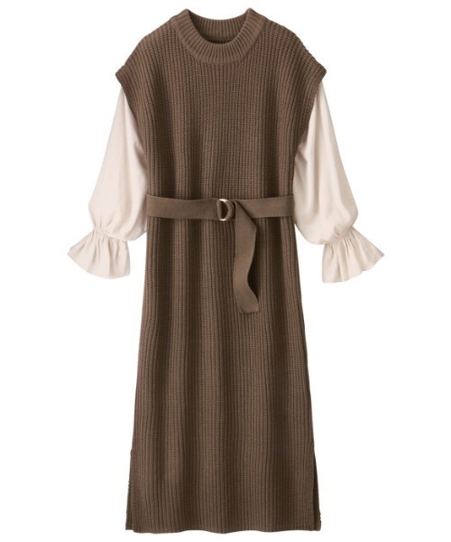 GeeRA（ジーラ）の「袖ブラウスドッキングニットワンピース（ワンピース・レディース・ブラック/モカ/ベージュ/グリーン・LARGE/MEDIUM/X-LARGE）」の5枚目の写真